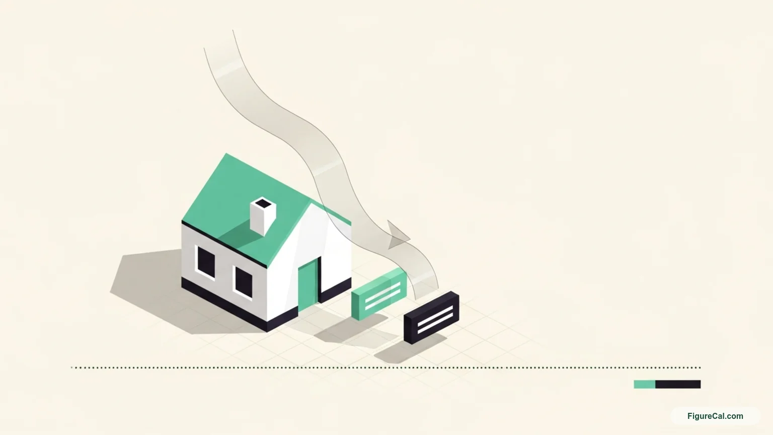 Editorial illustration of a small house with a declining loan balance curve representing mortgage amortization